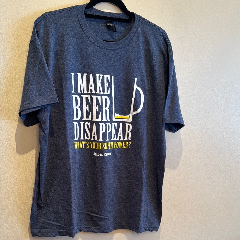 NWOT - Heather Blue "I Make Beer Disappear" Graphic T-Shirt from Jasper, Canada